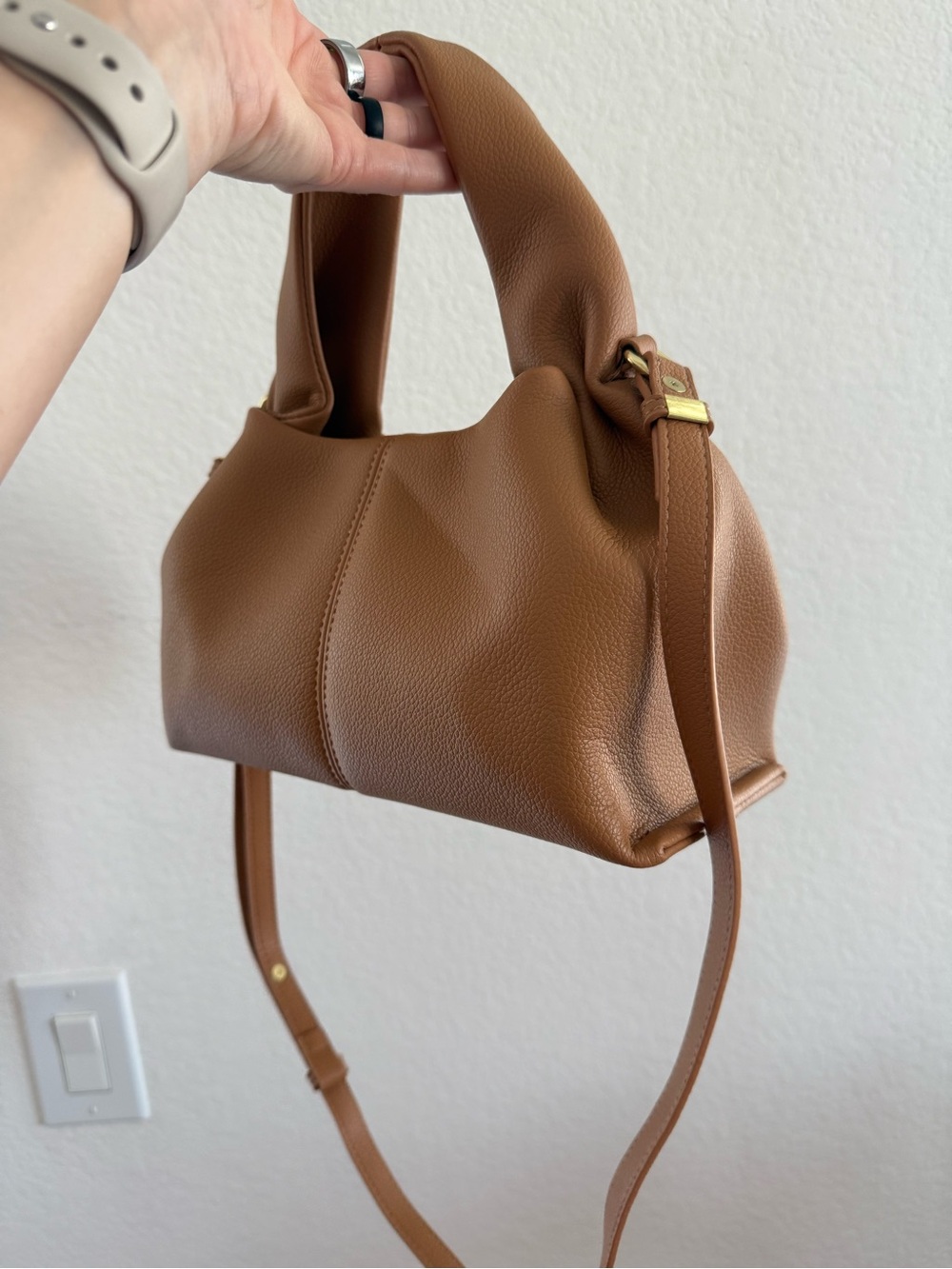 Women's Tan Pebbled Leather Top-Handle Bag - Picture 5 of 9